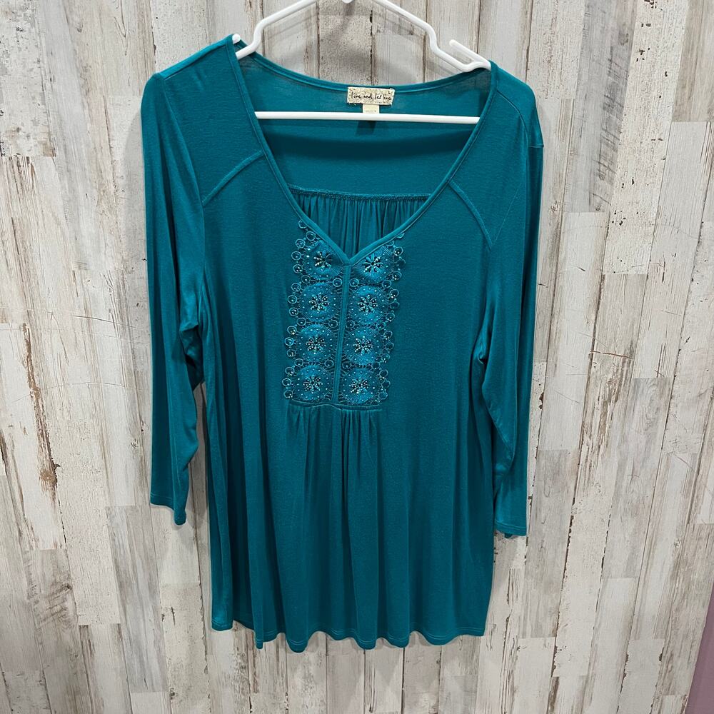 Live And Let Live Blue Long Sleeve Stretchy Shirt Popover Womens Large Y2K